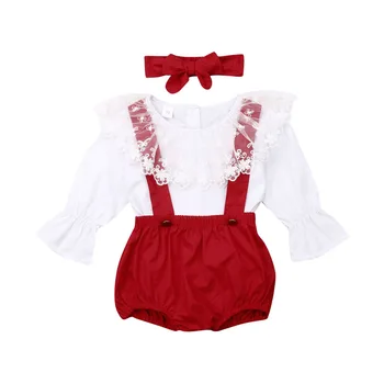 

Christmas Baby Girl Clothes Lace Ruffle Fly Sleeve Top T Shirt Red Bib Pants Headband Outfits Baby Clothing Set 0-24M