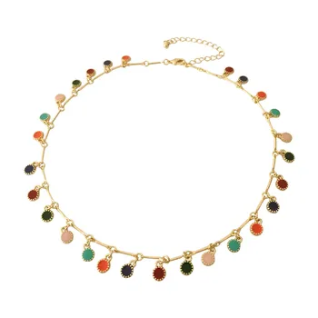 

Elegant Gold Color Plating Multi Colored Small Round Disc Charm Dangle Statement Necklace For Women Daily Office Decoration