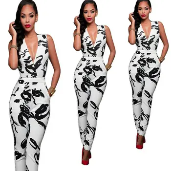 

Women's Clubwear Bodysuit Jumpsuit Ladies Ink print Romper Jumpsuit Party Chiffon Trousers Suits 2019 Sleeveless V Neck Bodysuit