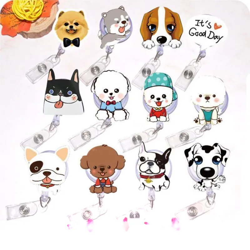 

New Design 1 Piece High Quality Acrylic Retractable Nurse Badge Reel Cartoon Dog Cat Animal Students ID Card Badge Holder
