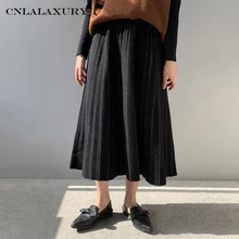 Осень Зима Длинная трикотажная юбка Женская Корейская черная люрекс блестящая Высокая талия плиссированные юбки миди длина faldas Saia jupe femme