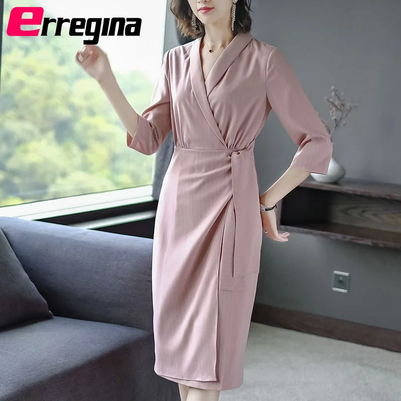 

2019 Autumn Winter Chiffon Midi Dress Bodycon Korean Dresses Boho Elegant Women Party Vestidos Long Sleeve Notched Collar Dress