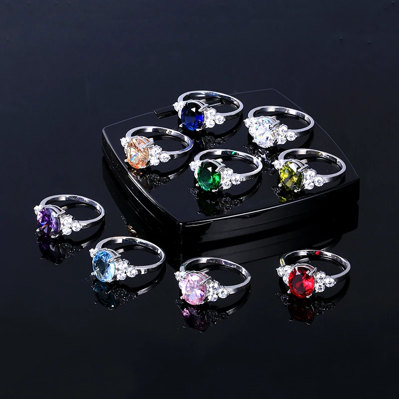 Women's Jewelry Silver Plated Rings White Pink Light Blue Champagne Zircon Oval Wedding Ring - 3