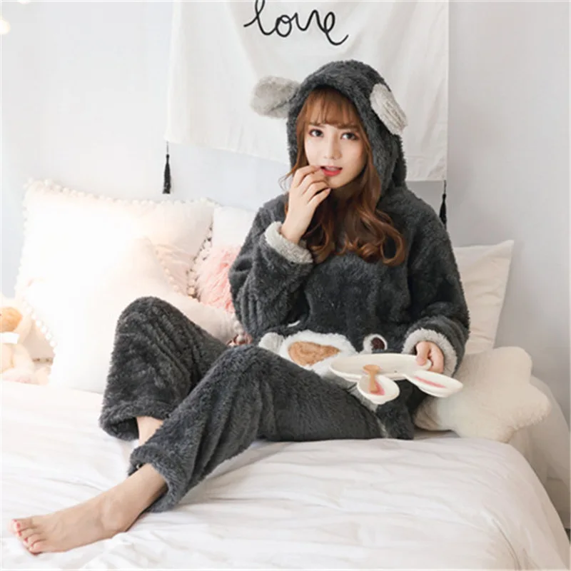 

2019 Pajamas Women's Winter Coral Velvet Long Sleeve Long Velvet Sweet Pullover Homewear Set-Outer Wear Hooded