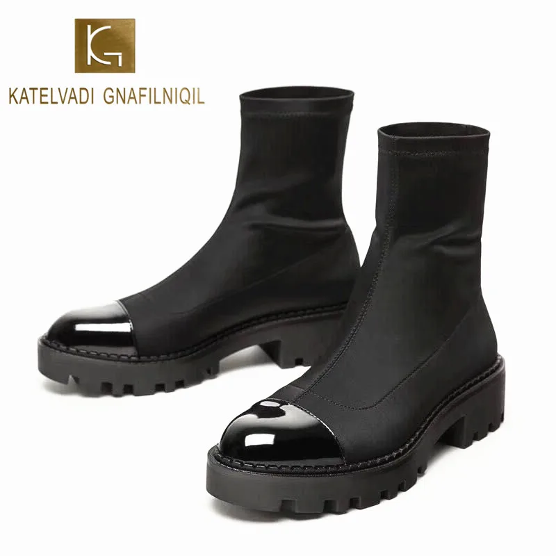 Ceny KATELVADI jesień zima buty czarne elastyczne botki z tkaniny antypoślizgowe gumowa podeszwa moda Chelsea buty K 489
