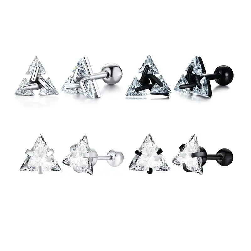 Stud Earrings Men,Triangle Pierced Crystal Zircon Stud Earrings,Stainless Steel Geometric Minimalist Studs for Man Jewelry 6