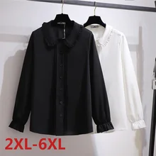 

Women Spring Solid Color Long Sleeve Big Plus Size 6XL Doll Collar Female Ruffle chiffon Tops Clothing Loose Elegant Blouse Tops