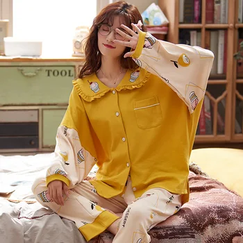 

QUEENX Pajamas Women's Long-Sleeved Spring and Autumn Cotton Winter Cute Sweet Pants Loose Can Go out Leisure Tops