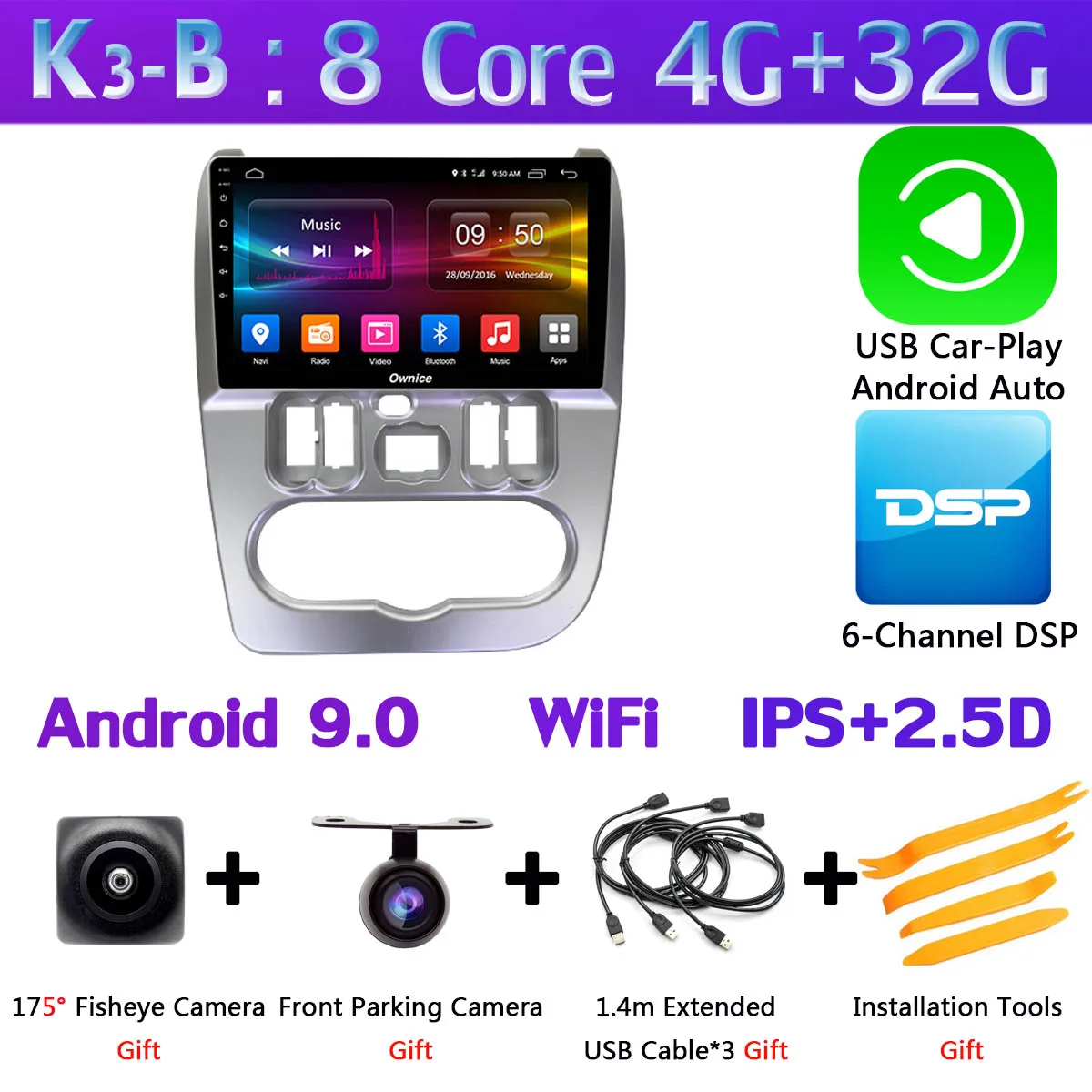 K3-B-CarPlay 360 ° панорамный 4G+ WiFi Android 9,0 4G+ 64G SPDIF DSP CarPlay автомобильный головное устройство плеер для Renault Logan, duster 2010- gps радио - Цвет: K3-B-CarPlay