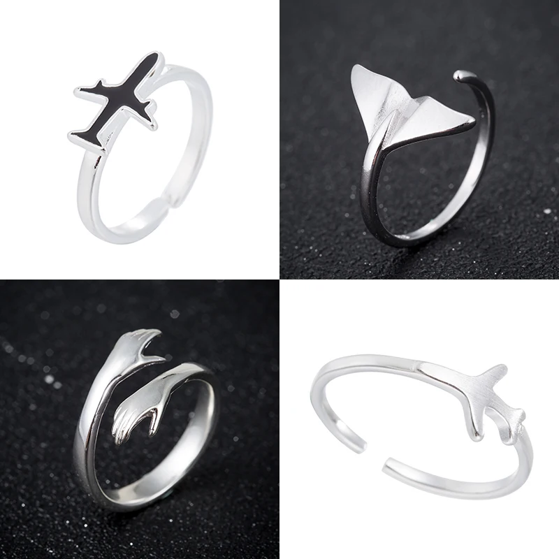 Design original cor de prata anéis geométricos para mulheres moda avião peixe cauda anel aberto dupla mão anéis anillos atacado