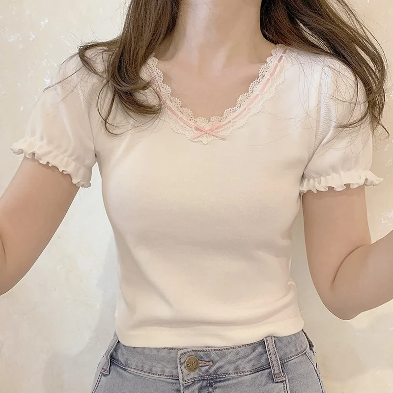Sweet Girl Ribbon Lace Trim V-neck 
