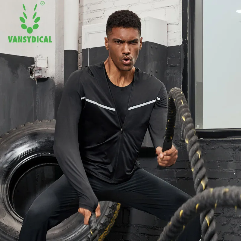 Vansydical Мужская спортивная куртка для бега, тренировочные топы для бега, куртки с капюшоном для фитнеса, тренажерного зала, топ для тренировок, велоспорта, топ на молнии