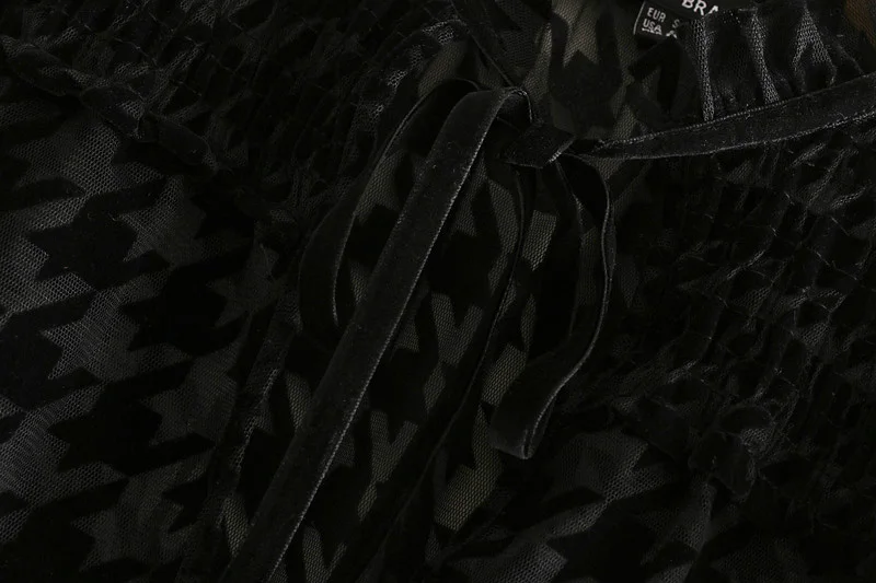 Сексуальная Женская блузка рубашка осень Новая мода Хаундстут Флокирование блеск через сетки топы современные женские черные блузки