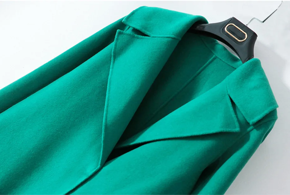Женское пальто ручной работы зеленого цвета с двусторонним кашемиром Свободное длинное шерстяное пальто ручной работы