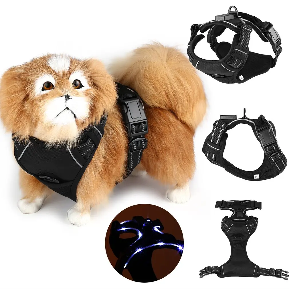 Black Heavy Duty Soft Padded Comfort Control Adjustable LED Dog Collar Harness Pet Chest Strap USB Rechargeable