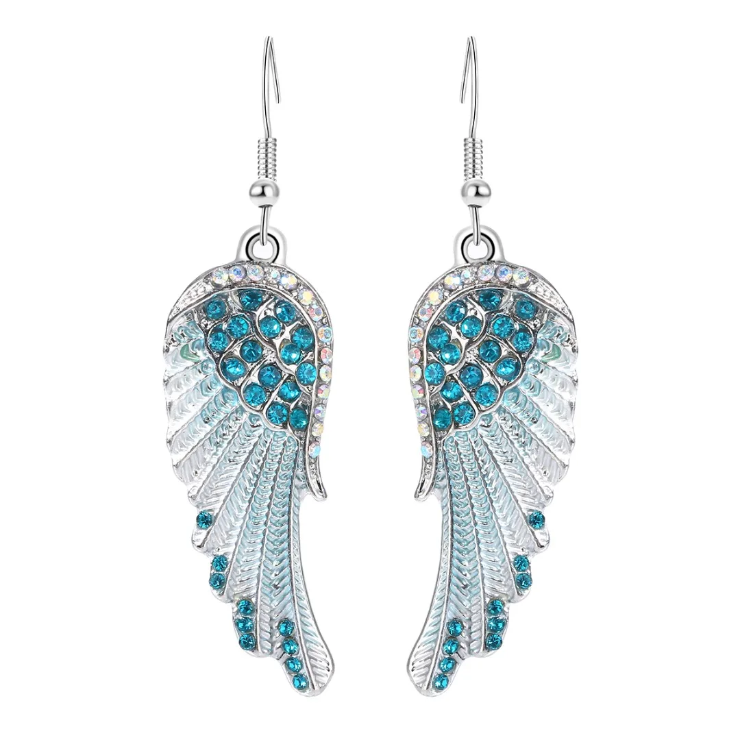 Fashion Romantic Blue White Pink Colors Angel Wings Earrings Crystal Rhinestone Long Dangle Earrings For Women Exquisite Jewelry
