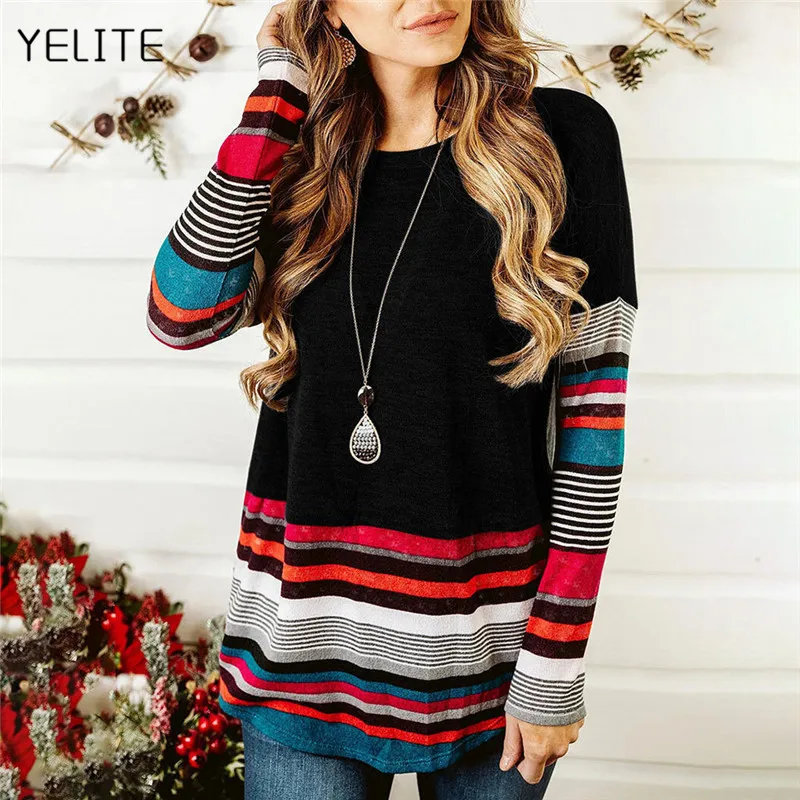 

YELITE NEW Striped Patchwork Sweater WomenAutumn 2019 O Neck Buttons Outerwear Fashion Elegant Knit Coat Open Stitch Top Sweater