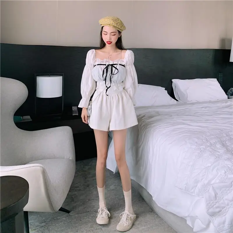 blouses & shirts Sexy Top Women Blouse With Lace Up Off Shoulder Tops Puff Sleeve White Shirt Vintage Ruffle Crop Top Solid Color Black Female shirts & tops