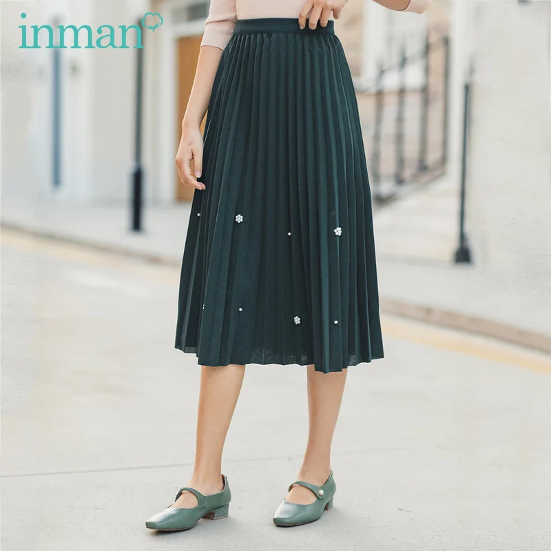 

INMAN 2020 Spring New Arrival Literary High Waist Flower Beaded A-shaped Pleated Skirt