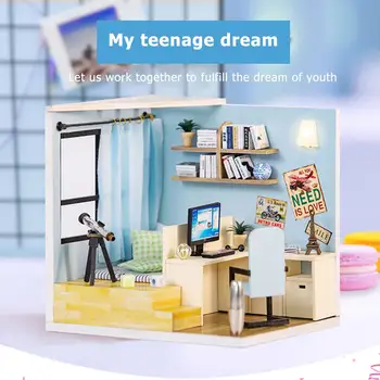 

DIY Wooden Doll House Kids Craft DIY House with Computer Telescope Model Miniature Furniture Dollhouse Doll Accessories