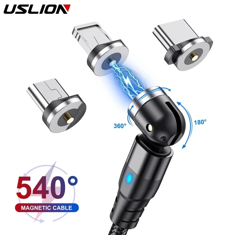 USLION 540 Degree Roating Magnetic Cable Micro USB Type C Phone Cable For iPhone11 Pro XS Max Samsung Xiaomi USB Cord Wire Cable android charger cord