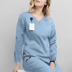 S-3XL 5Colors V-neck Elastic Long Sleeve Nurse Uniform With Pocket Soft Beauty Spa Scrubs Working Tops