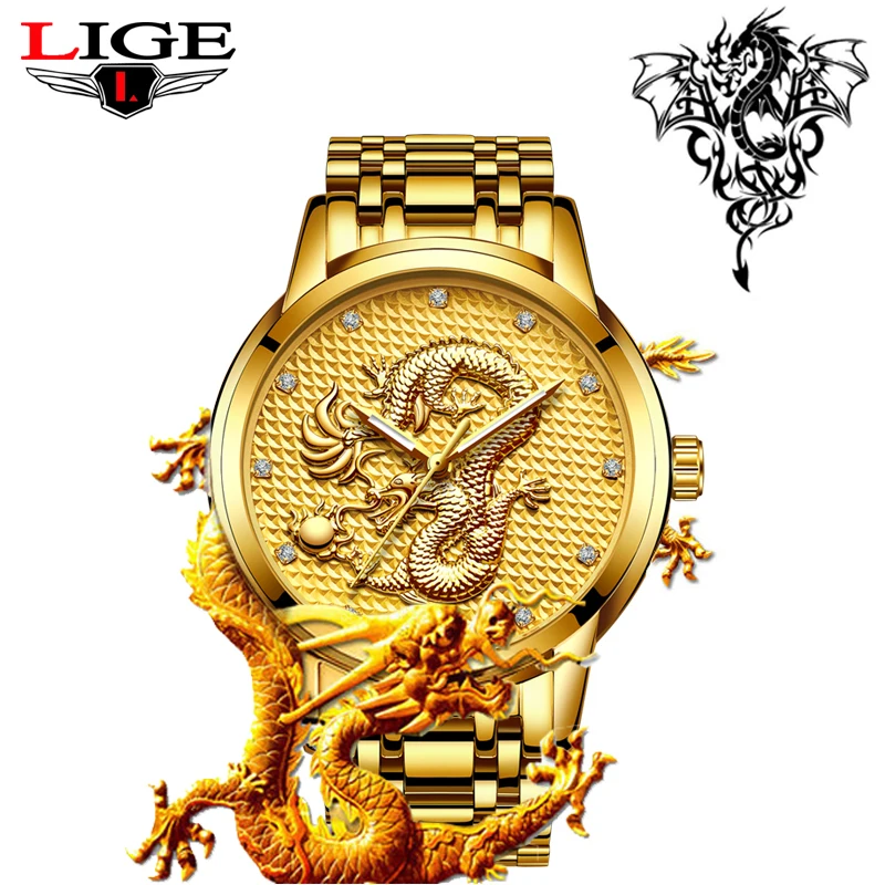 

LIGE New Brand Watches Mens Fashion Sport Military Quartz Men Watch Stainless Steel Waterproof Gold Watch Relogio Masculino+Box