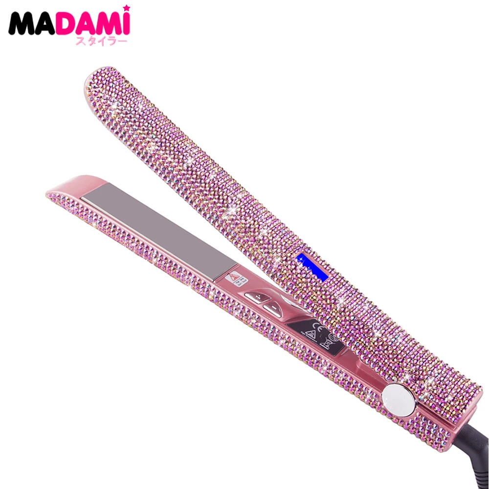 Madami LCD Display Hair Flat Iron Straightener 470F Titanium Floating Plate Rose Gold Crystal Rhine