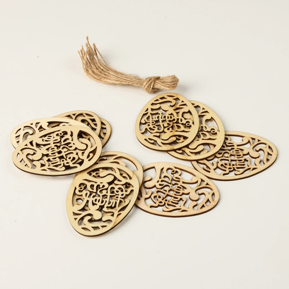 10pcs Creative Carved Easter Eggs Wood DIY Crafts Wooden Hanging Ornament Home Decoration Scrapbooking