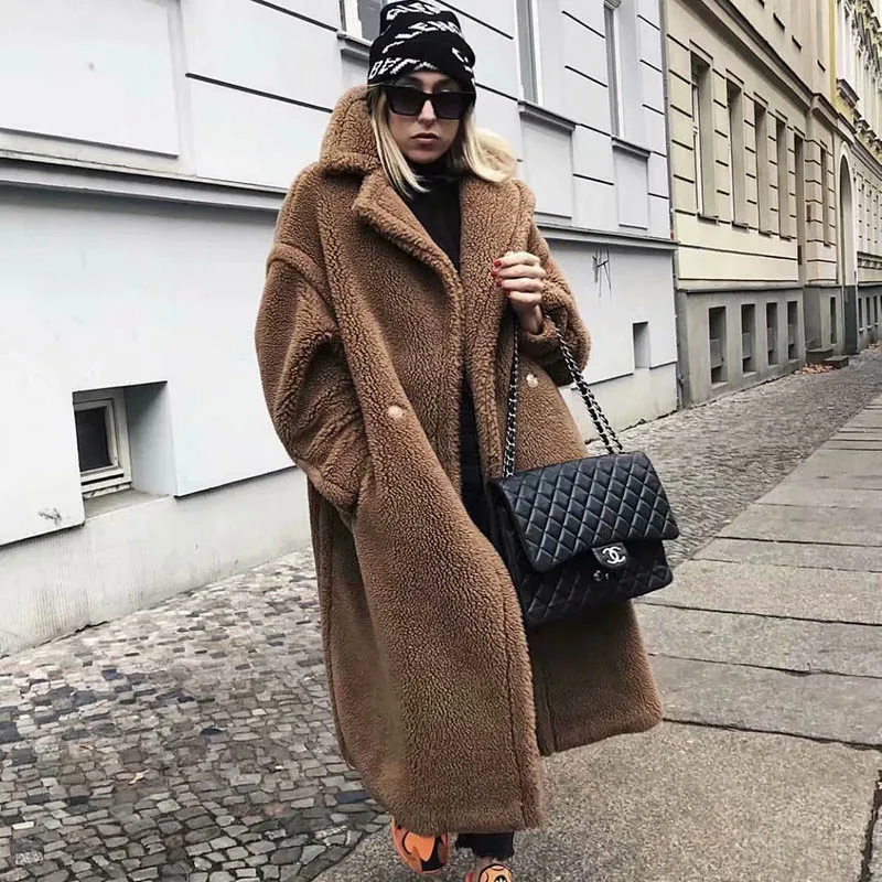 Тренчкот женский из меха ягненка Длинный Элегантный двубортный тренчкот в