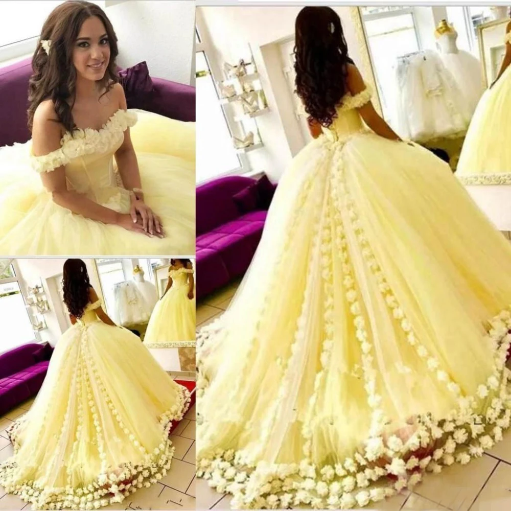 Cinderella Daffodil Yellow Quinceanera Dresses Off The Shoulder Handmade 3D Floral Flowers Ball Gown Lace Up Sweet 15 Prom Dress |
