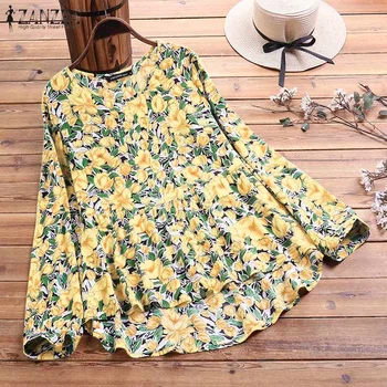 

ZANZEA Bohemian Blouse Women Flroal Printed Shirt Spring Long Sleeve Asymmetrical Tops Female Vintage Blusas Oversized Top