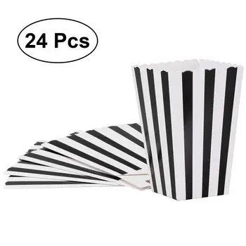 

24pcs Popcorn Boxes Popcorn Tray Holder Containers Paper Stripe Gifts Box Bags Storage For Movie Dessert Tables Wedding (Black)