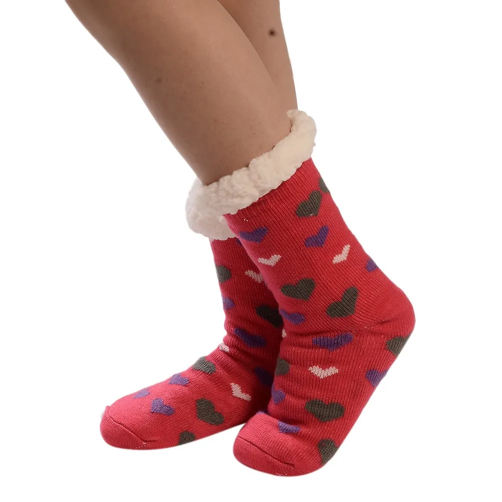 Зимние носки для девочек хлопковые кружевные носки с принтом милые рождественские толстые теплые нескользящие носки-тапочки с узором в виде сердечек Z1114