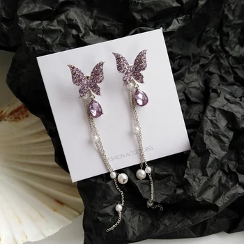 

Super fairy purple Earrings beautiful butterfly chain tassel Pearl Earrings light luxury Earrings 1055