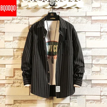 

Stripe Long Sleeve Social Shirt Black Mens Fashion Korean Style Lapel Loose Casual Shirts Men Streetwear Clothing Tops Plus Size