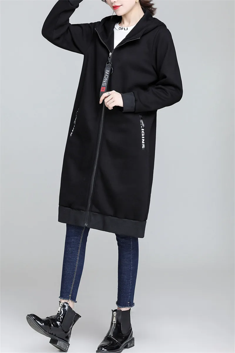 Большой размер 4XL-8XL, длинный хлопковый свитер, весна-осень, черные толстовки с капюшоном, повседневный Топ, женские толстовки на молнии с ворсом, плюс размер, G824