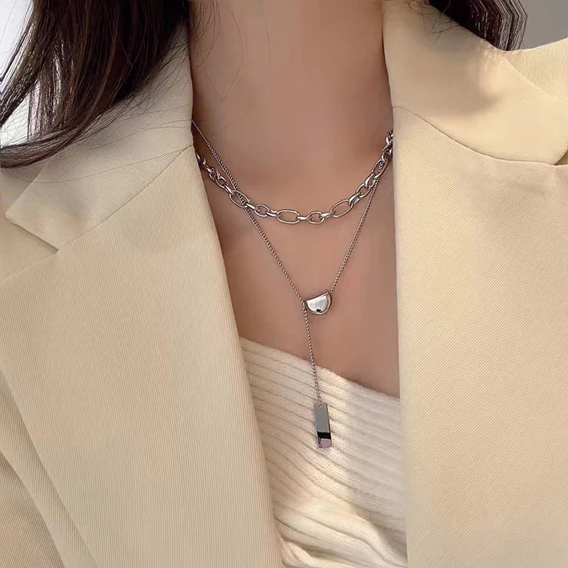 2021 Double Layer Minimalist Necklace For Women Hip Hop Gothic Metal Rectangle Semicircle Pendant Clavicle Chain Choker Gifts