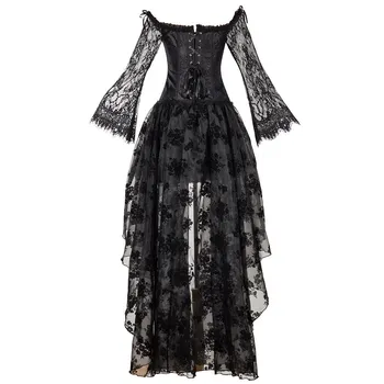 

Sexy Gothic Bustier Palace Style Lace Top Irregular Mesh Lace Dress Long Sleeve Slim Party Club Dress