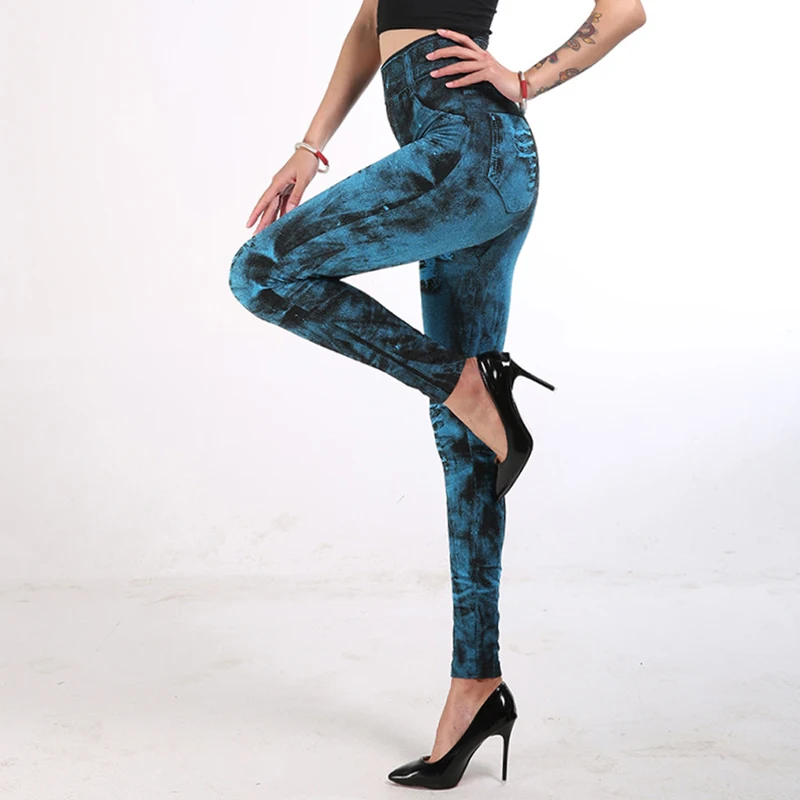 2021 New Women Elastic Jean Leggings Pants High Waist Slim Push Up Seamless Pencil Pants Denim Casual Pants aybl leggings