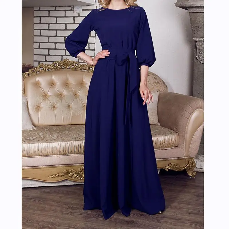 Vintage винтажное длинное платье большого размера, женское вечернее платье с рукавами-фонариками, осенние женские платья в пол большого размера - Цвет: Navy blue