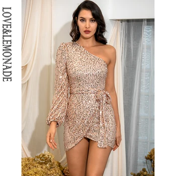 

LOVE&LEMONADE Sexy Rose Gold One Shoulder Mesh Sequins Lantern Sleeve Bodyon Cross Mini Dress LM82106