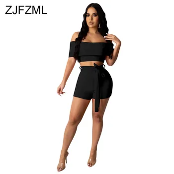 

Neon Solid Sexy Two Piece Shorts Set Women Off Shoulder Backless Ruffle Sleeve Crop Top + Tie Up Bodycon Shorts Summer Outfit