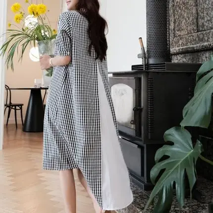 

Spring And Summer New Style Korean-style Mid-length Loose-Fit Plaid Stitching Shirt Women's Irregular over-the-Knee Slimming Shi