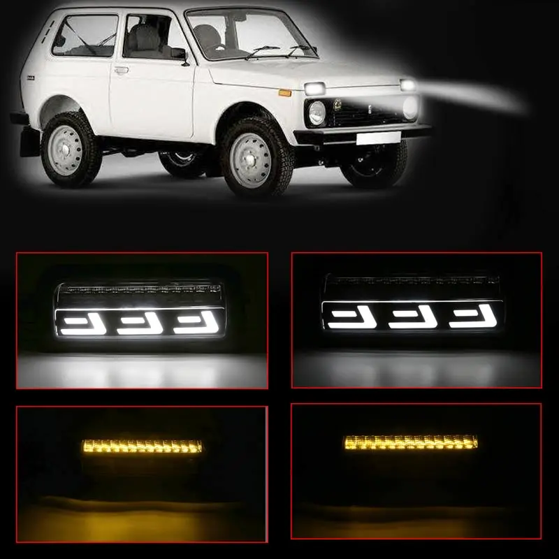 Аксессуары для стайлинга автомобилей, тюнинг DRL лампы для Lada Niva 4x4 Светодиодный дневные ходовые огни с янтарным сигналом поворота