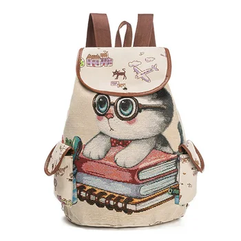

Cute Cat Women Backpack Canvas School Backpack For Teenage Girls Embroidered Backpack For Women Casual Travel Bag Free Shipping