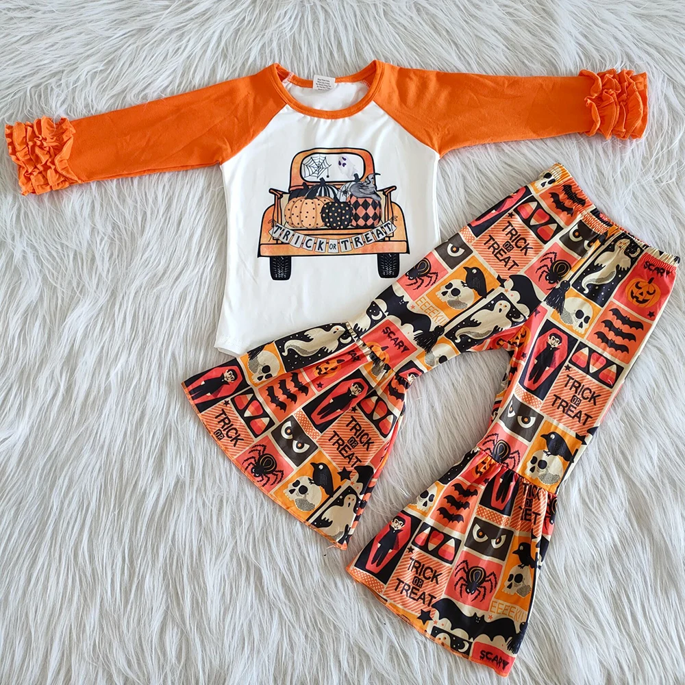 

New Design Kids Boutique Clothing Halloween Baby Girls Clothing Bell Bottom Pants Toddler Outfits Pumpkin Wholesale Children Set