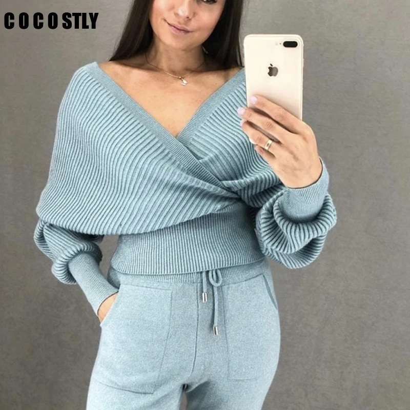 Goede Herfst en Winter 2020 Trainingspak Voor Vrouwen Sexy V hals Kruis Sweatshirt Tweedelige Set Gebreide Broek Pak 2 stuk conjuntos de mujer