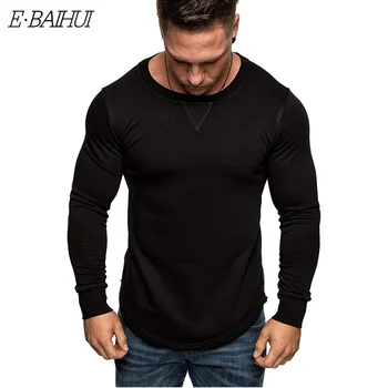 

E-BAIHUI Men's Solid Color Round Neck Long-sleeved T-shirt Stitching Personality European Style Long T-shirt M-3XL