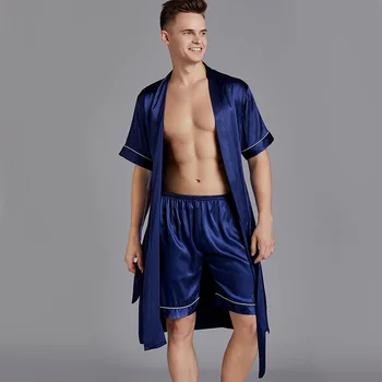 

Two-Pieces Silk Nightgown Satin male Sleepwear Loose Silky short Sleeve Robe and Shorts bathrobe set for Men